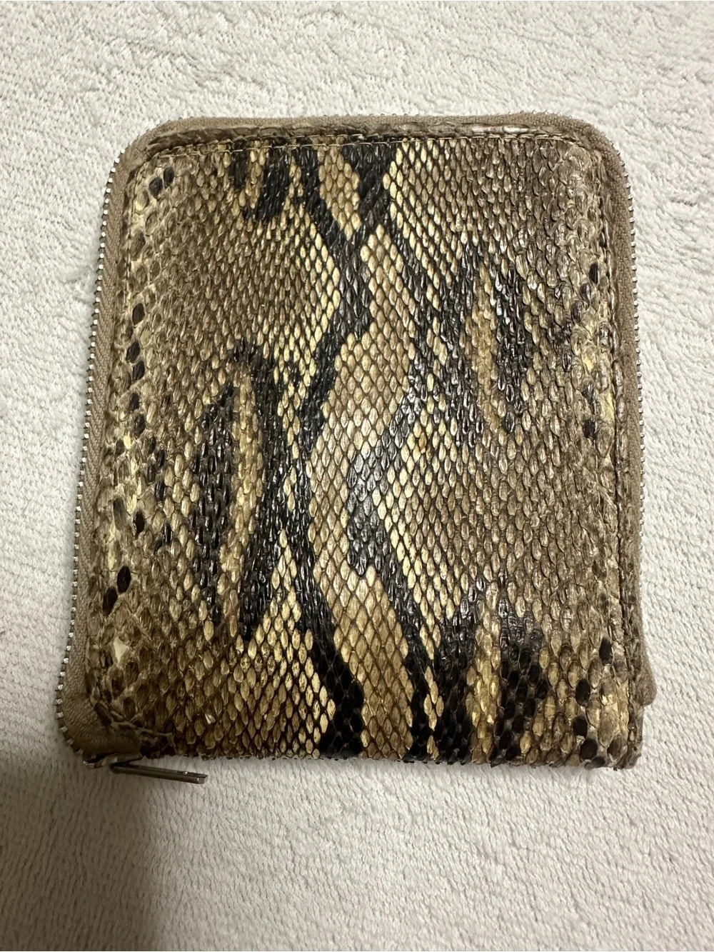 Vintage snakeskin Compact Zip Wallet in Brown with Black Trim. Exotic. Boho.